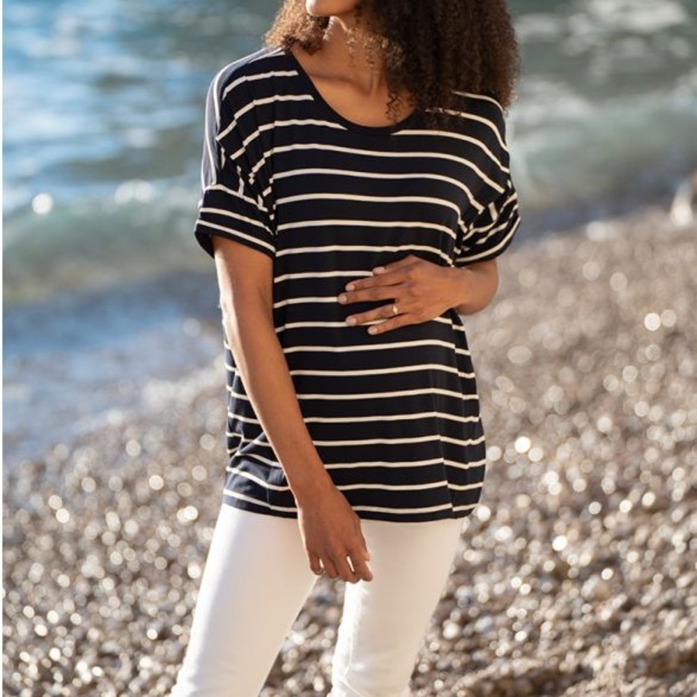 Seraphine Navy and White Stripe Oversized Boxy Fit Maternity to Nursing T-Shirt